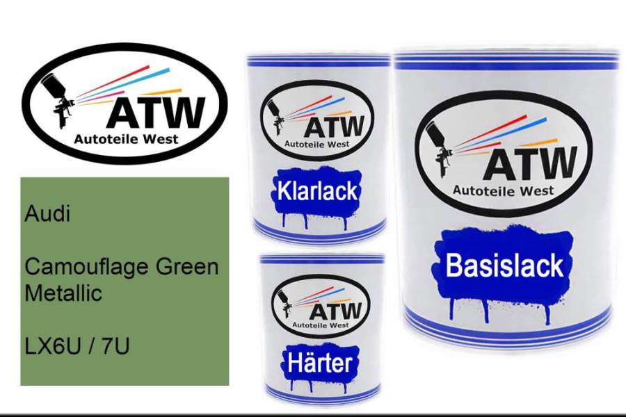 Audi, Camouflage Green Metallic, LX6U / 7U: 1L Lackdose + 1L Klarlack + 500ml Härter - Set, von ATW Autoteile West.